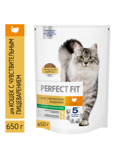 Корм сухой Perfect Fit для кошек с чувствительным пищеварением с индейкой, 650г