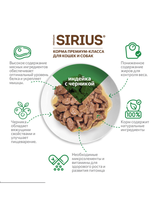 Корм влажный Sirius Premium Adult для кошек индейка-черника, 85г