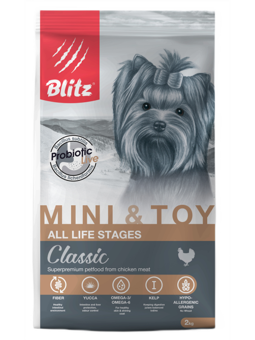 Корм сухой Blitz Classic для собак мелких и миниатюрных пород всех возрастов с курицей, 2кг