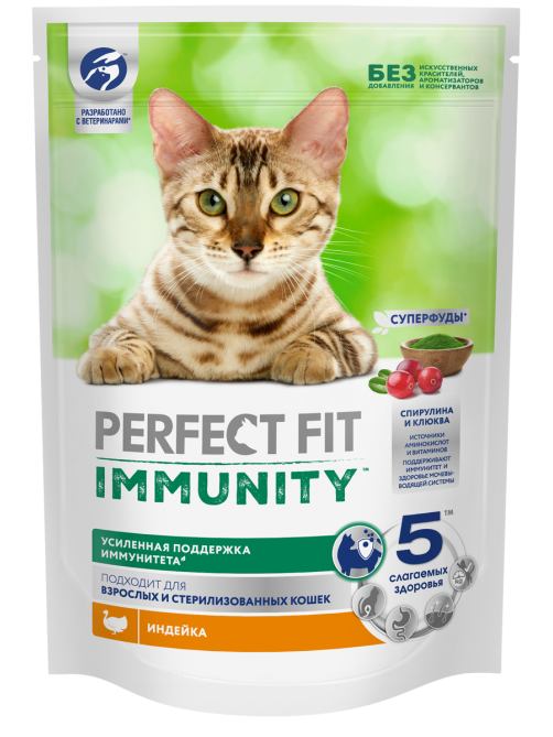 Корм сухой Perfect Fit для взрослых кошек иммунитет индейка-спирулина-клюква, 580г
