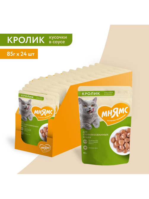 Корм влажный Мнямс для кошек кусочки в соусе кролик, 85г