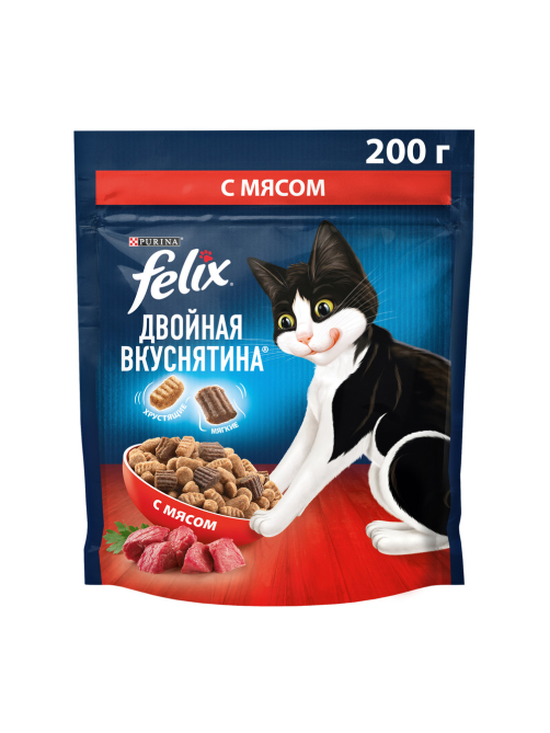 Корм сухой Felix Двойная вкуснятина для взрослых кошек с мясом, 200г