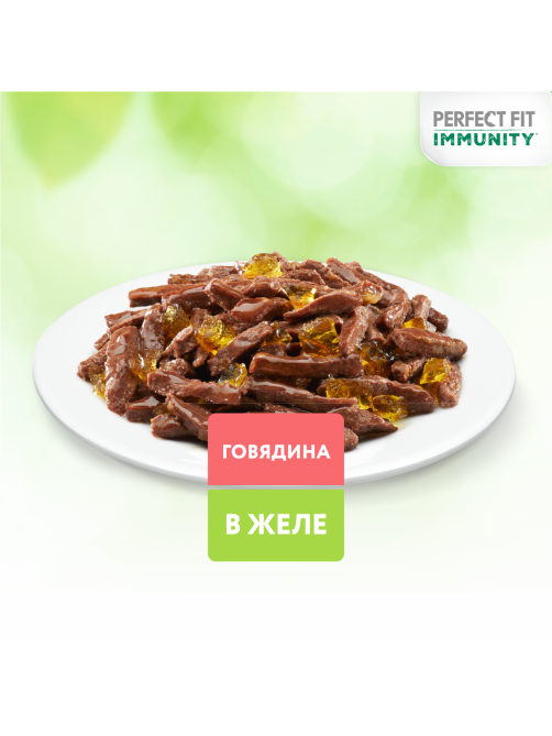 Корм влажный Perfect Fit для взрослых кошек иммунитет говядина-лен-желе, 75г