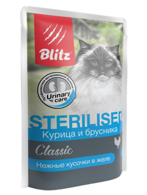 Корм влажный Blitz Classic для стерилизованных кошек с курицей и брусникой, кусочки в желе, 85г