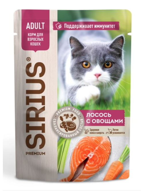 Корм влажный Sirius Premium для кошек с лососем и овощами, 85г