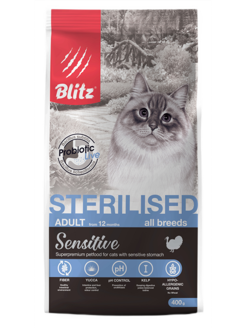 Корм сухой Blitz Sensitive для стерилизованных кошек с индейкой, 400г