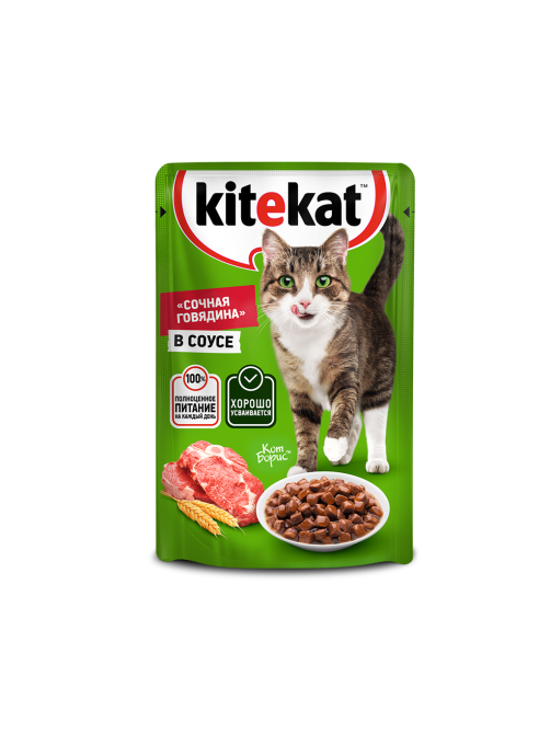 Корм влажный Kitekat для взрослых кошек с говядиной в соусе, 85г