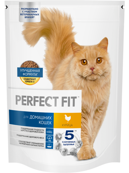 Корм сухой Perfect Fit для взрослых домашних кошек с курицей, 650г