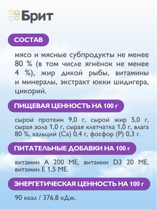 Корм влажный Брит Паштет для собак мини пород с чувствительным пищеварением с ягненком, 100г
