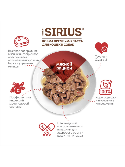 Корм влажный Sirius Premium Adult для кошек мясной рацион, 85г