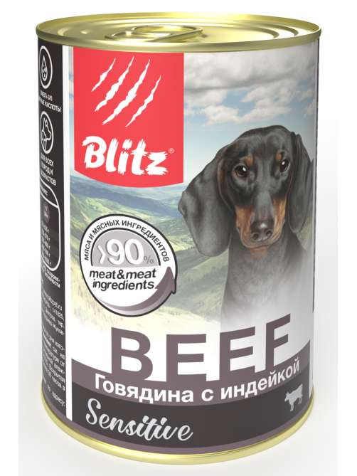 Корм влажный Blitz Sensitive для собак всех пород и возрастов говядина с индейкой, 400г