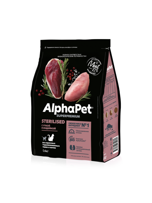 Сухой корм AlphaPet Superpremium Sterilized для взрослых стерилизованных кошек с уткой и индейкой, 400г