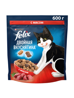 Корм сухой Felix Двойная вкуснятина для взрослых кошек с мясом, 600г