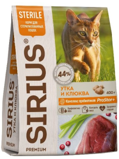 Сухой корм Sirius Premium для стерилизованных кошек с уткой и клюквой, 400г