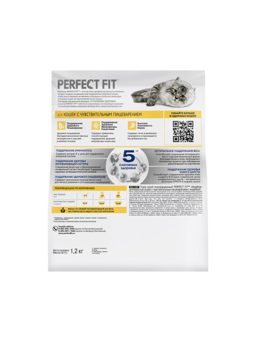 Корм сухой Perfect Fit для кошек с чувствительным пищеварением с индейкой, 1.2кг