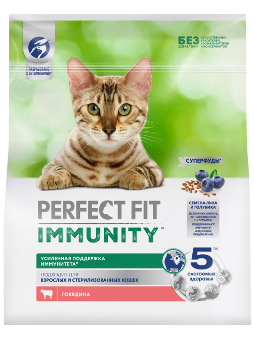 Корм сухой Perfect Fit для взрослых кошек иммунитет говядина-лен-голубика, 1.1кг
