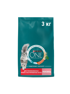 Корм сухой Purina One для стерилизованных кошек и кастрированных котов с высоким содержанием лосося, 3кг