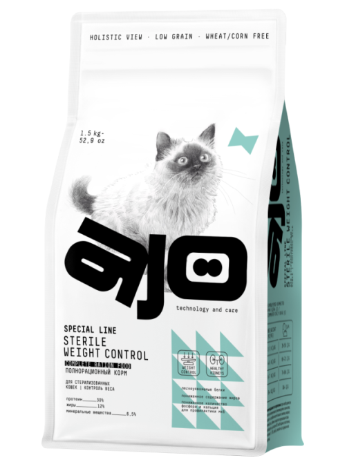 Корм сухой Ajo Sterile Weight Control для кошек курица, 1.5кг
