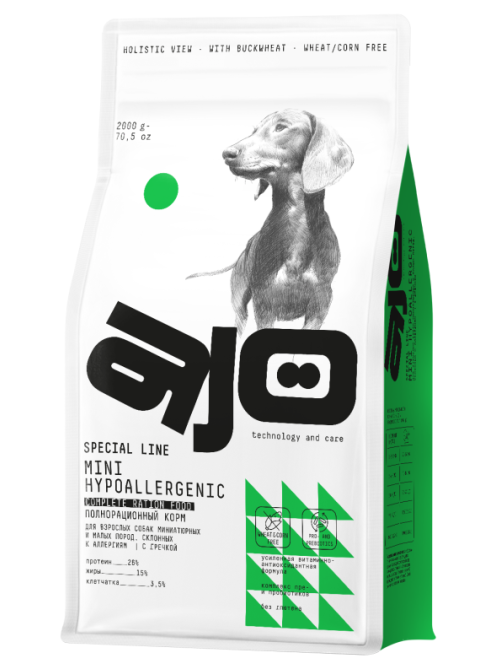 Корм сухой Ajo Mini Hypoallergenic для собак индейка-гречка, 2кг