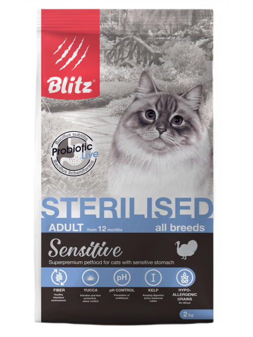 Корм сухой Blitz Sensitive для стерилизованных кошек с индейкой, 2кг