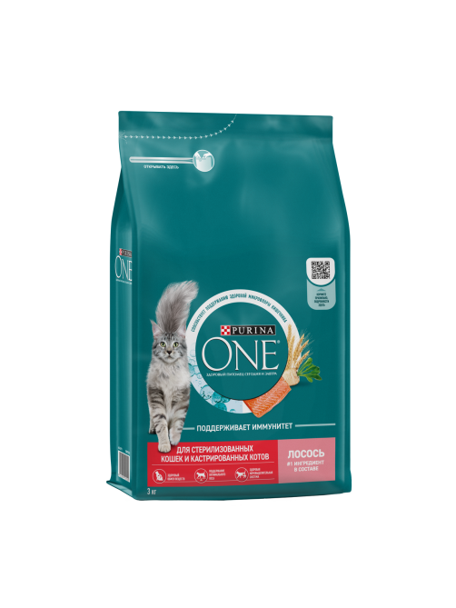 Корм сухой Purina One для стерилизованных кошек и кастрированных котов с высоким содержанием лосося, 3кг