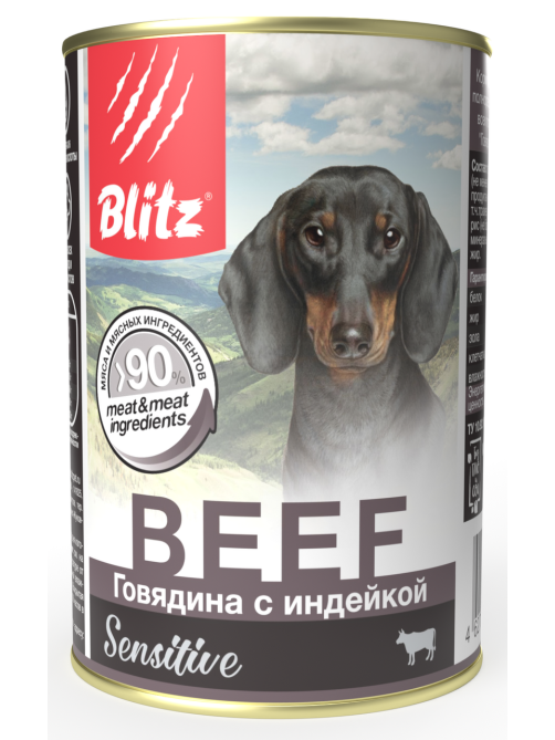 Корм влажный Blitz Sensitive для собак всех пород и возрастов говядина с индейкой, 400г