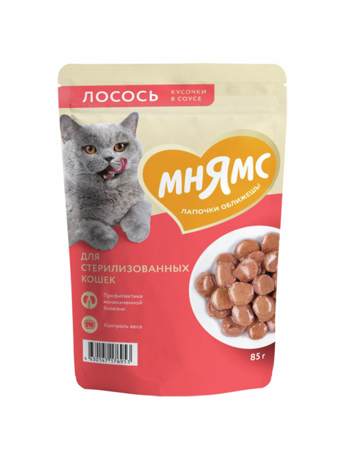 Корм влажный Мнямс для кошек кусочки в соусе лосось, 85г