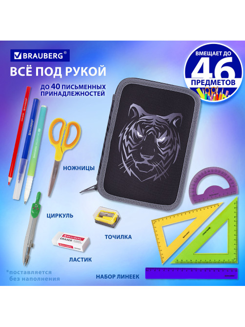Пенал BRAUBERG, 3 отделения, полиэстер, 21х14 см, 