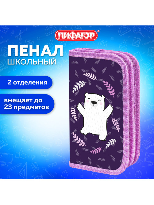 Пенал ПИФАГОР, 2 отделения, ламинированный картон, 19х11 см, 