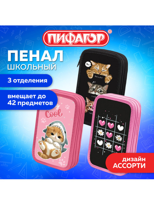 Пенал ПИФАГОР, 3 отделения, ламинированный картон, 19х11 см, АССОРТИ для девочек, 274562