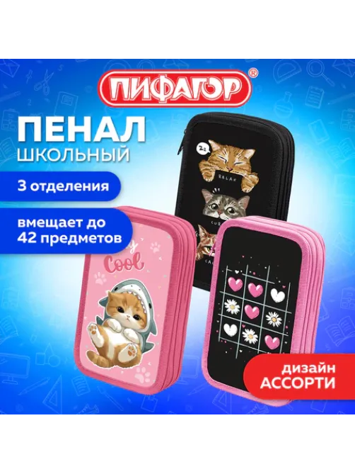 Пенал ПИФАГОР, 3 отделения, ламинированный картон, 19х11 см, АССОРТИ для девочек, 274562