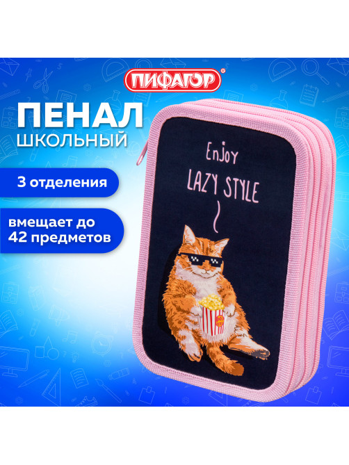 Пенал ПИФАГОР, 3 отделения, ламинированный картон, 19х11 см, 