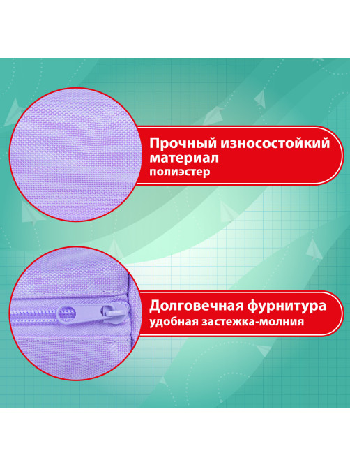 Пенал-тубус ПИФАГОР на молнии, ткань, пастельно-фиолетовый, 20х5 см, 272259
