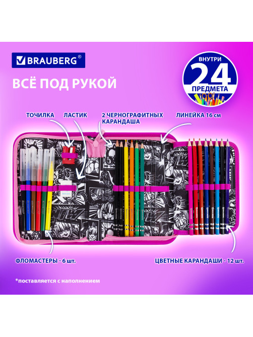 Пенал BRAUBERG с наполнением, 1 отделение, 1 откидная планка, 24 предмета, 21х14 см, 