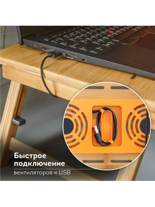 Столик БАМБУКОВЫЙ складной для ноутбука/завтрака, с охлаждением, DASWERK (ДАСВЕРК), 532583