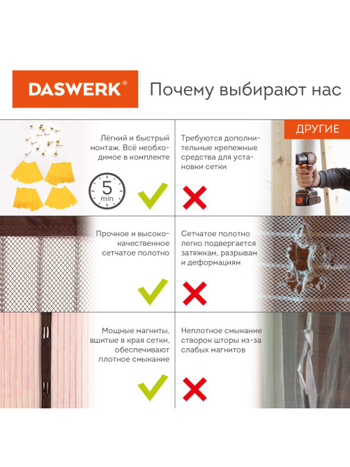 Москитная сетка дверная на магнитах 100х210 см, антимоскитная, коричневая, DASWERK (ДАСВЕРК), 607986