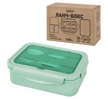 Ланч-бокс контейнер, 2 секции, 3+1 отделение, 1,4 л, ложка, вилка, 7х21х14 см, мятный, JOYLUX (ДЖОЙЛЮКС), 609347