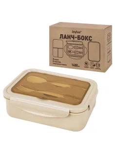 Ланч-бокс контейнер, 2 секции 3+1 отделение 1,4 л, ложка, вилка 7х21х14 см, бежевый, JOYLUX (ДЖОЙЛЮКС), 609349