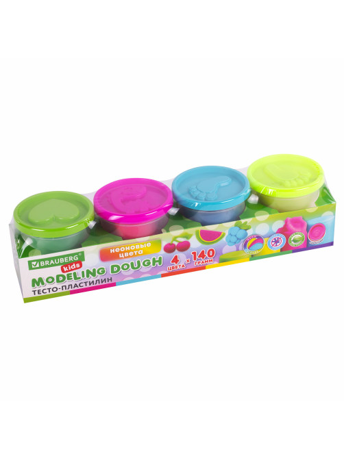 Пластилин-тесто для лепки BRAUBERG KIDS, 4 цвета, 560 г, яркие неоновые цвета, крышки-штампики, 106716
