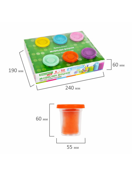 Пластилин-тесто для лепки BRAUBERG KIDS, 6 цветов, 300 г, 10 формочек, шприц, стек, крышки-штампики, 106719