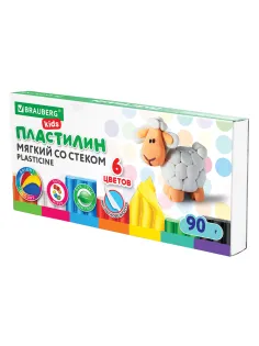 Пластилин мягкий восковой BRAUBERG KIDS, 6 цветов, 90 г, со стеком, 106493