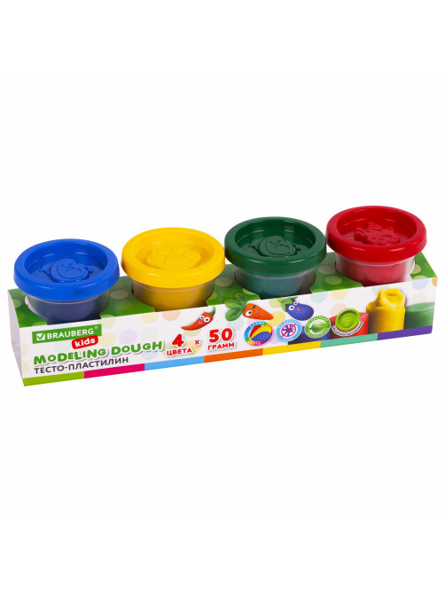 Пластилин-тесто для лепки BRAUBERG KIDS, 4 цвета, 200 г, яркие классические цвета, крышки-штампики, 106714