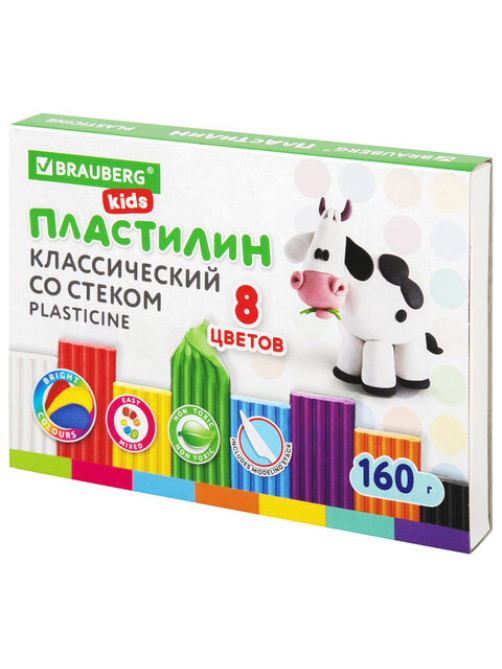 Пластилин классический BRAUBERG KIDS, 8 цветов, 160 г, со стеком, 106501
