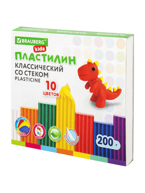 Пластилин классический BRAUBERG KIDS, 10 цветов, 200 г, со стеком, 106504