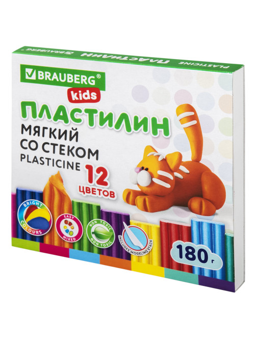 Пластилин мягкий восковой BRAUBERG KIDS, 12 цветов, 180 г, со стеком, 106495