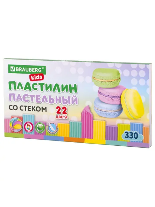 Пластилин классический пастельные цвета BRAUBERG KIDS, 22 цвета, 330 грамм, стек, 106682
