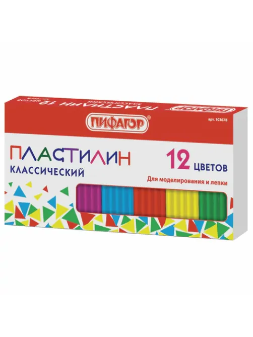 Пластилин классический ПИФАГОР, 12 цветов, 120 г, картонная упаковка, 103678