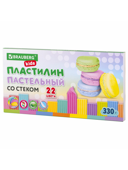 Пластилин классический пастельные цвета BRAUBERG KIDS, 22 цвета, 330 грамм, стек, 106682