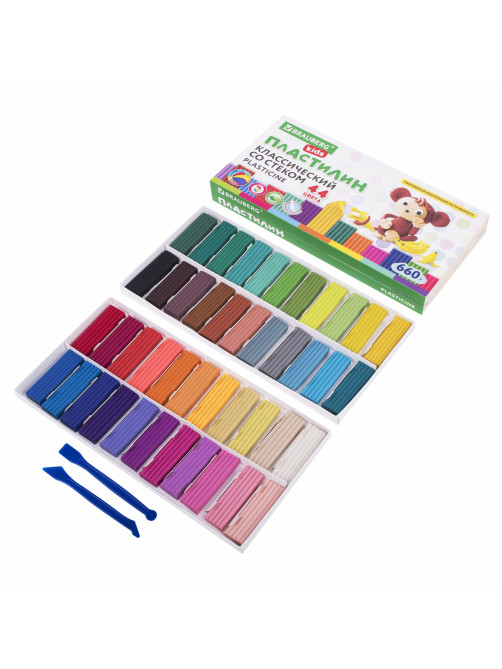 Пластилин классический BRAUBERG KIDS, 44 цвета, 660 грамм, стек, ВЫСШЕЕ КАЧЕСТВО, 106679