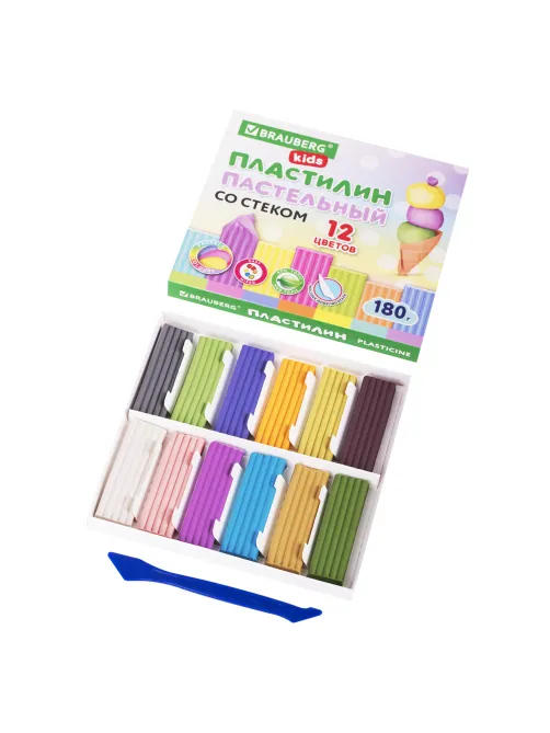 Пластилин классический пастельные цвета BRAUBERG KIDS, 12 цветов, 180 грамм, стек, 106681